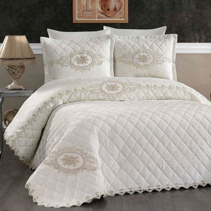 Conjunto de cama de luxo Marianna – colcha acolchoada com renda – creme