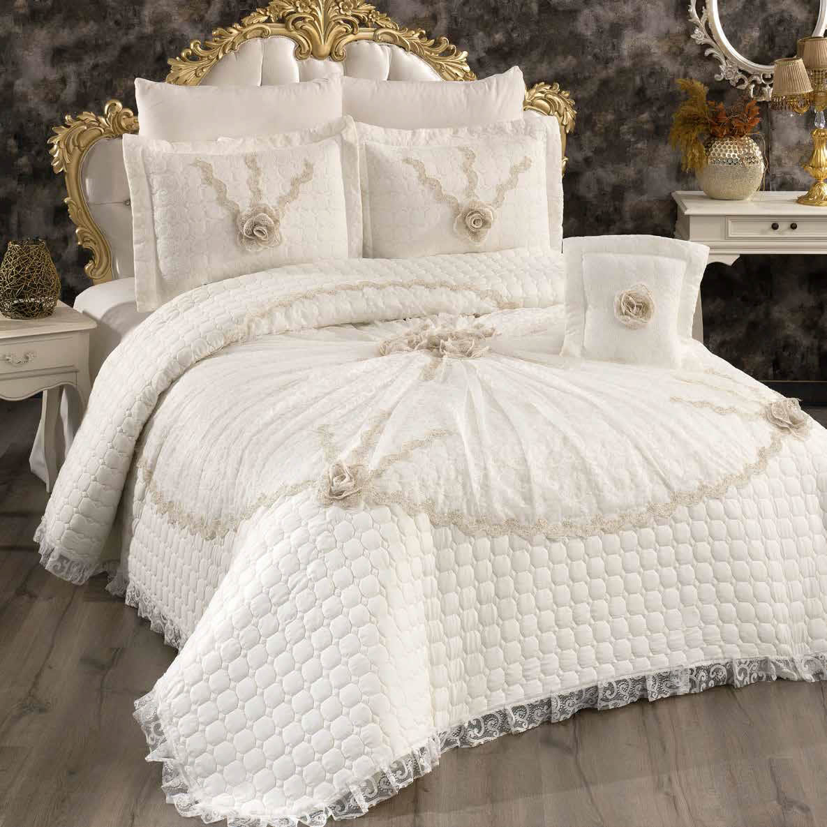 "Hilal" Luxury Bedding Set – Quilted Bedspread with Lace – CAPPUCCINO COLOR