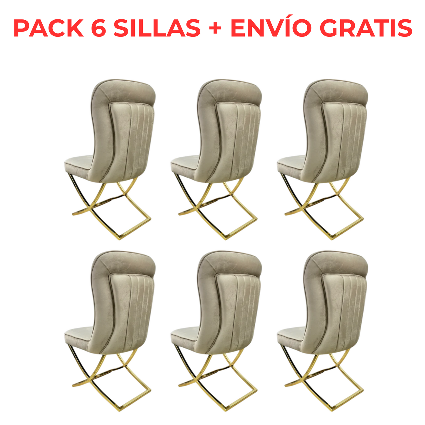 PACK 6 SILLAS de Comedor de Lujo Modelo "Madrid" - Tapizado Beige V-03 & Patas Doradas ✨