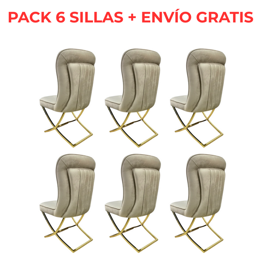 PACK 6 SILLAS de Comedor de Lujo Modelo "Madrid" - Tapizado Beige V-03 & Patas Doradas ✨