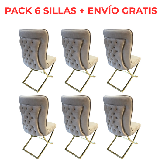 PACK OFERTA 6 Sillas BONGOV03 en terciopelo beige con patas doradas de acero