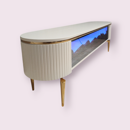 Mesa de TV con chimenea digital - BLANCO CON DETALLES EN DORADO