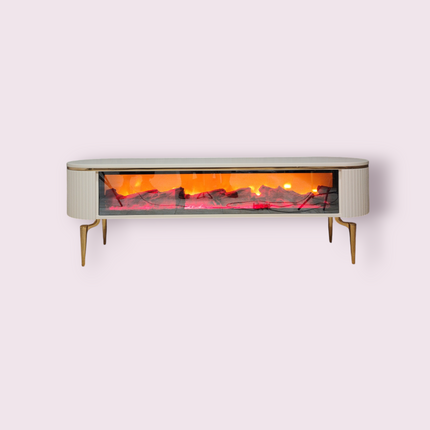 Mesa de TV con chimenea digital - BLANCO CON DETALLES EN DORADO