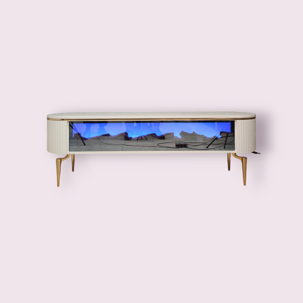 Mesa de TV con chimenea digital - BLANCO CON DETALLES EN DORADO