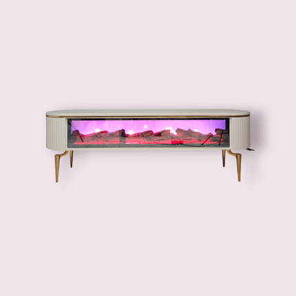Mesa de TV con chimenea digital - BLANCO CON DETALLES EN DORADO