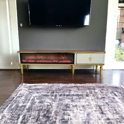 Mesa de TV con chimenea digital - BLANCO CON DETALLES DORADOS
