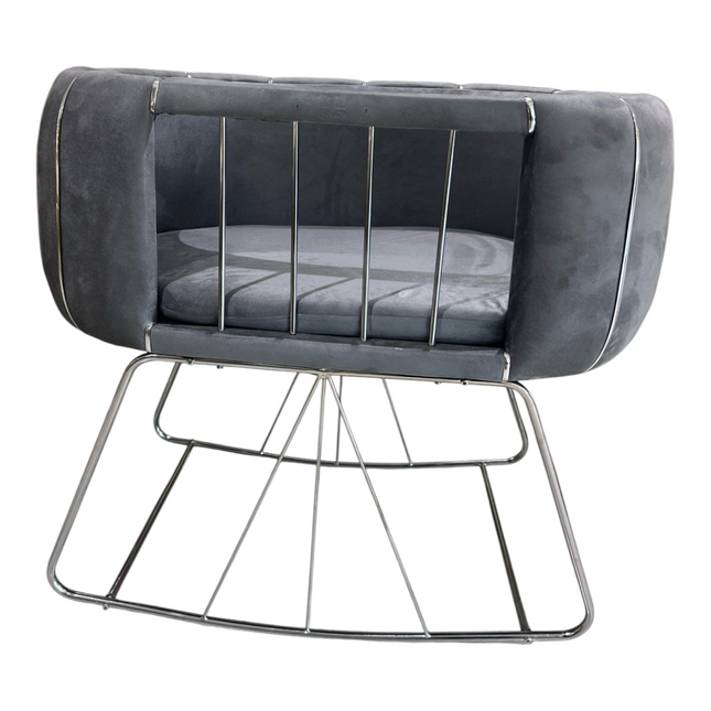 💤 Berço de veludo luxuoso feito à mão – Design elegante e moderno – Cinza escuro com detalhes prateados💤