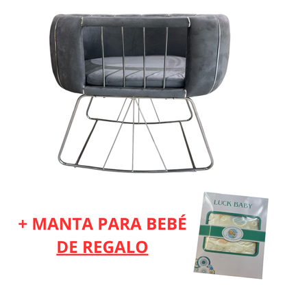 💤 Berço de veludo luxuoso feito à mão – Design elegante e moderno – Cinza escuro com detalhes prateados💤