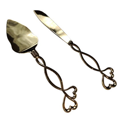 Conjunto Clássico de Servir Bolo Dourado - Decorado com Corações