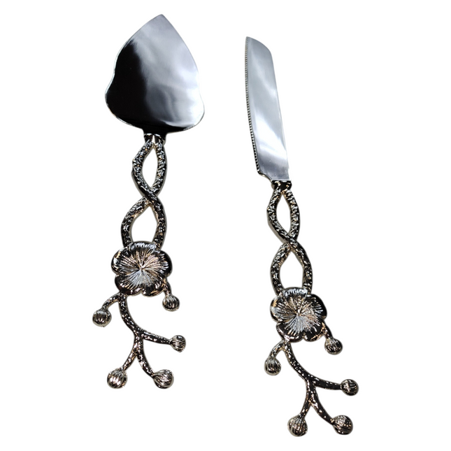 Classic Silver Cake Server Set - Decorated with Flower