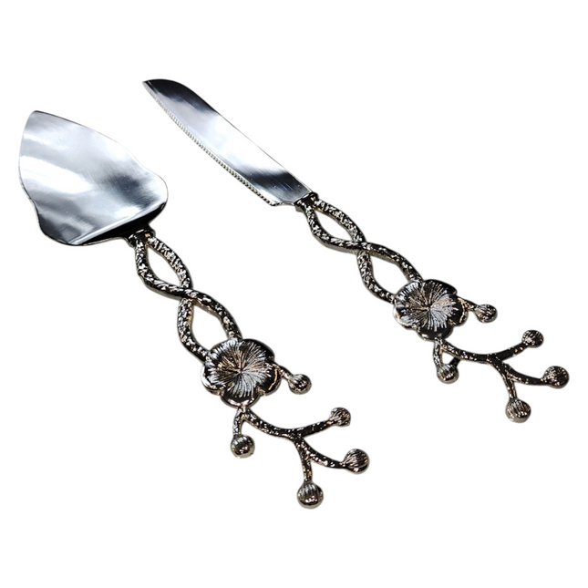 Classic Silver Cake Server Set - Decorated with Flower