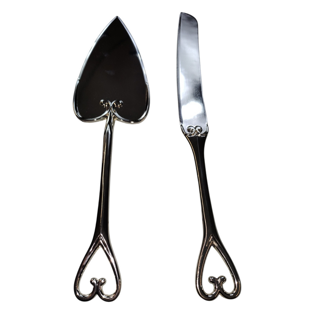 Classic Silver Cake Server Set - Heart Decorated
