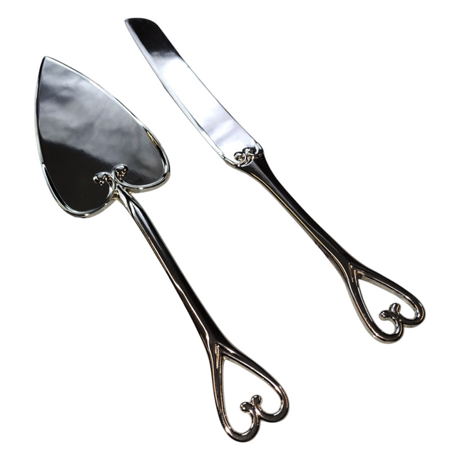 Classic Silver Cake Server Set - Heart Decorated