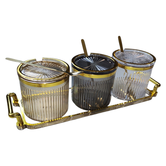 🫙 Set de 3 Tarros de Cristal con Bandeja Dorada ✨