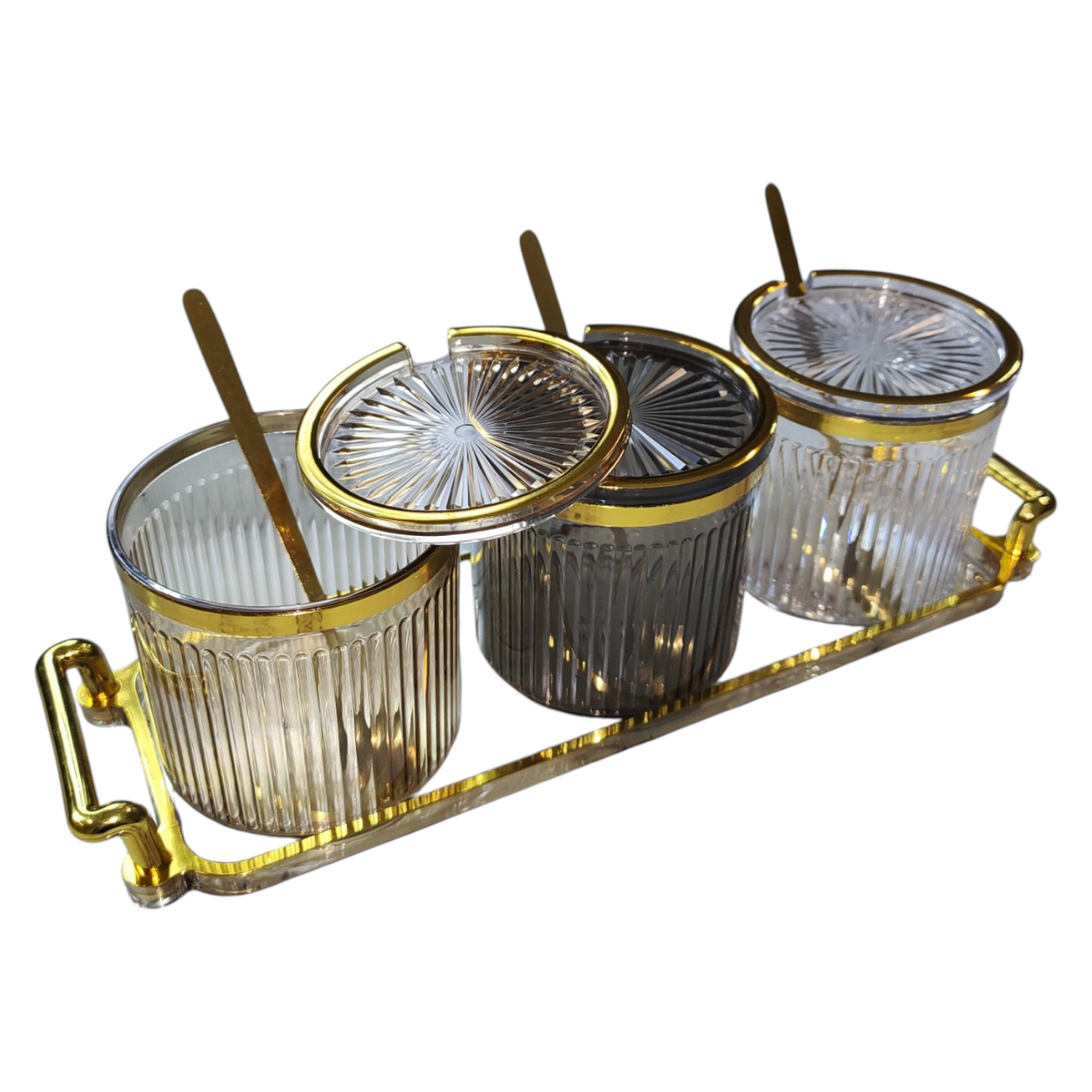 🫙 Set de 3 Tarros de Cristal con Bandeja Dorada ✨
