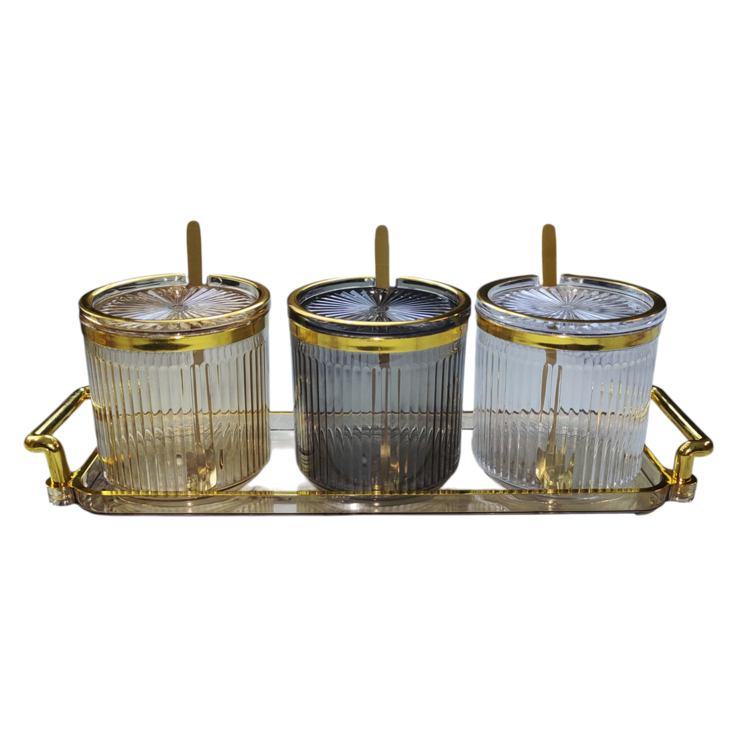 🫙 Set de 3 Tarros de Cristal con Bandeja Dorada ✨