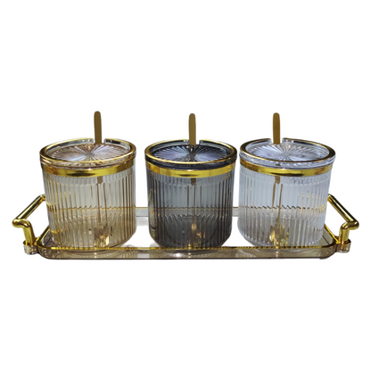 🫙 Set de 3 Tarros de Cristal con Bandeja Dorada ✨