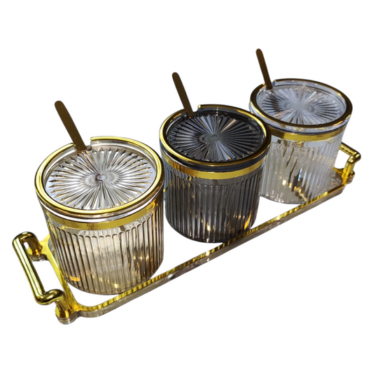 🫙 Set de 3 Tarros de Cristal con Bandeja Dorada ✨