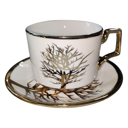 🌳 Conjunto de 6 xícaras com pires – Design Golden Tree ✨