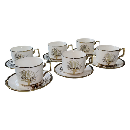 🌳 Conjunto de 6 xícaras com pires – Design Golden Tree ✨