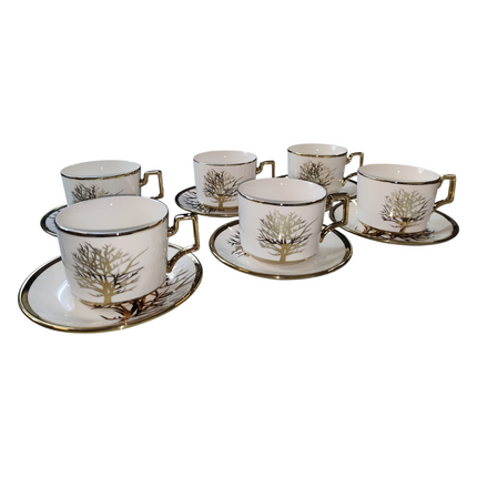🌳 Conjunto de 6 xícaras com pires – Design Golden Tree ✨