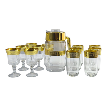 Juego de Jarra y Vasos de Cristal con Detalles Dorados – 13 Piezas