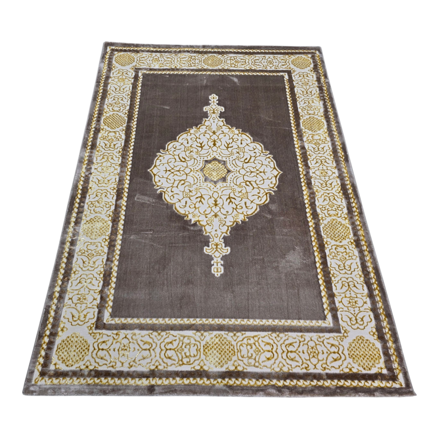 Alfombra Diseño Khanjar Marrón con Detalles Dorados – Elegancia Clásica Árabe