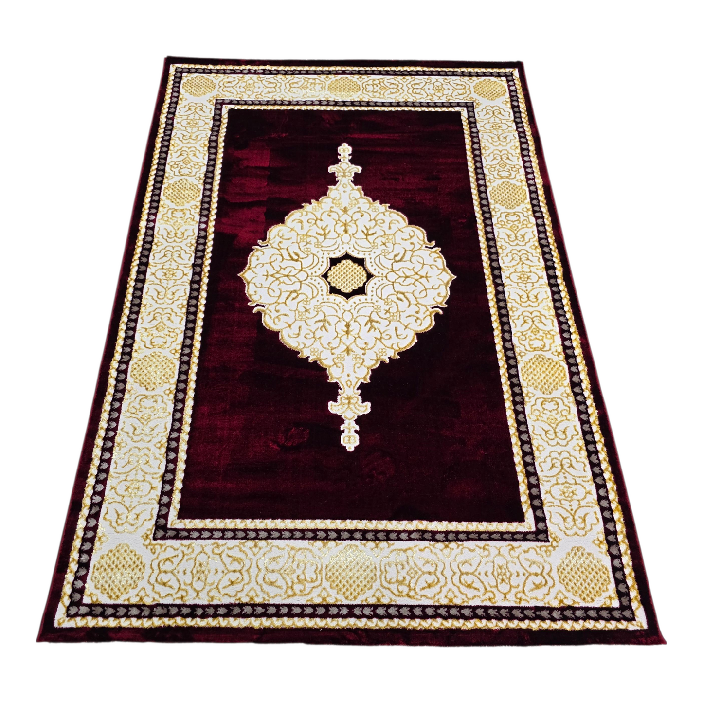 Alfombra Diseño Khanjar Roja con Detalles Dorados – Inspiración Árabe de Lujo