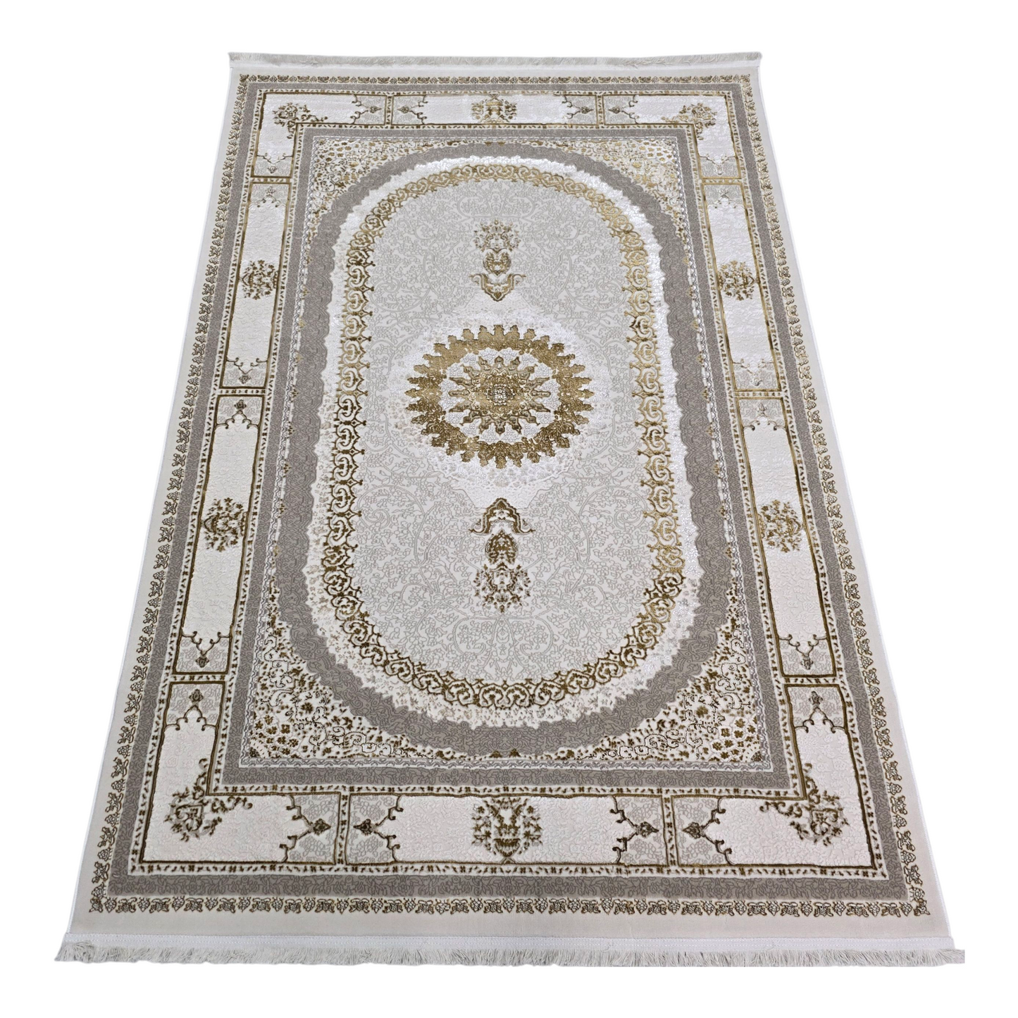 Alfombra NADOR con Marco Decorativo y Medallón Central ✨🤎🤍 — Estilo Tradicional Elegante con Profundidad y Contraste