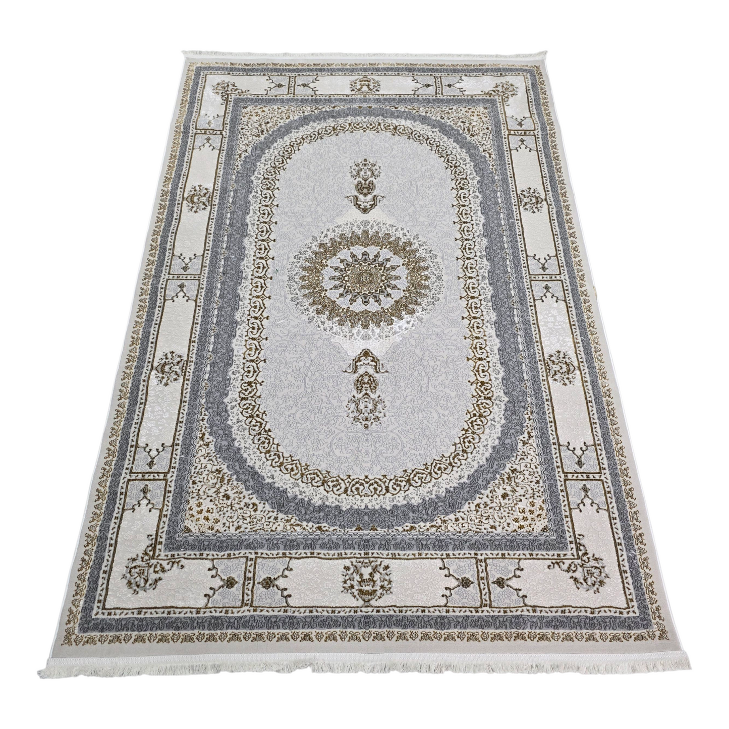 Alfombra NADOR Crema y Gris Claro con Medallón Clásico y Detalles Elegantes ✨🤍🩶 — Estilo Turco Sofisticado para Salón, Dormitorio y Pasillo