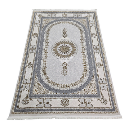 Alfombra NADOR Crema y Gris Claro con Medallón Clásico y Detalles Elegantes ✨🤍🩶 — Estilo Turco Sofisticado para Salón, Dormitorio y Pasillo