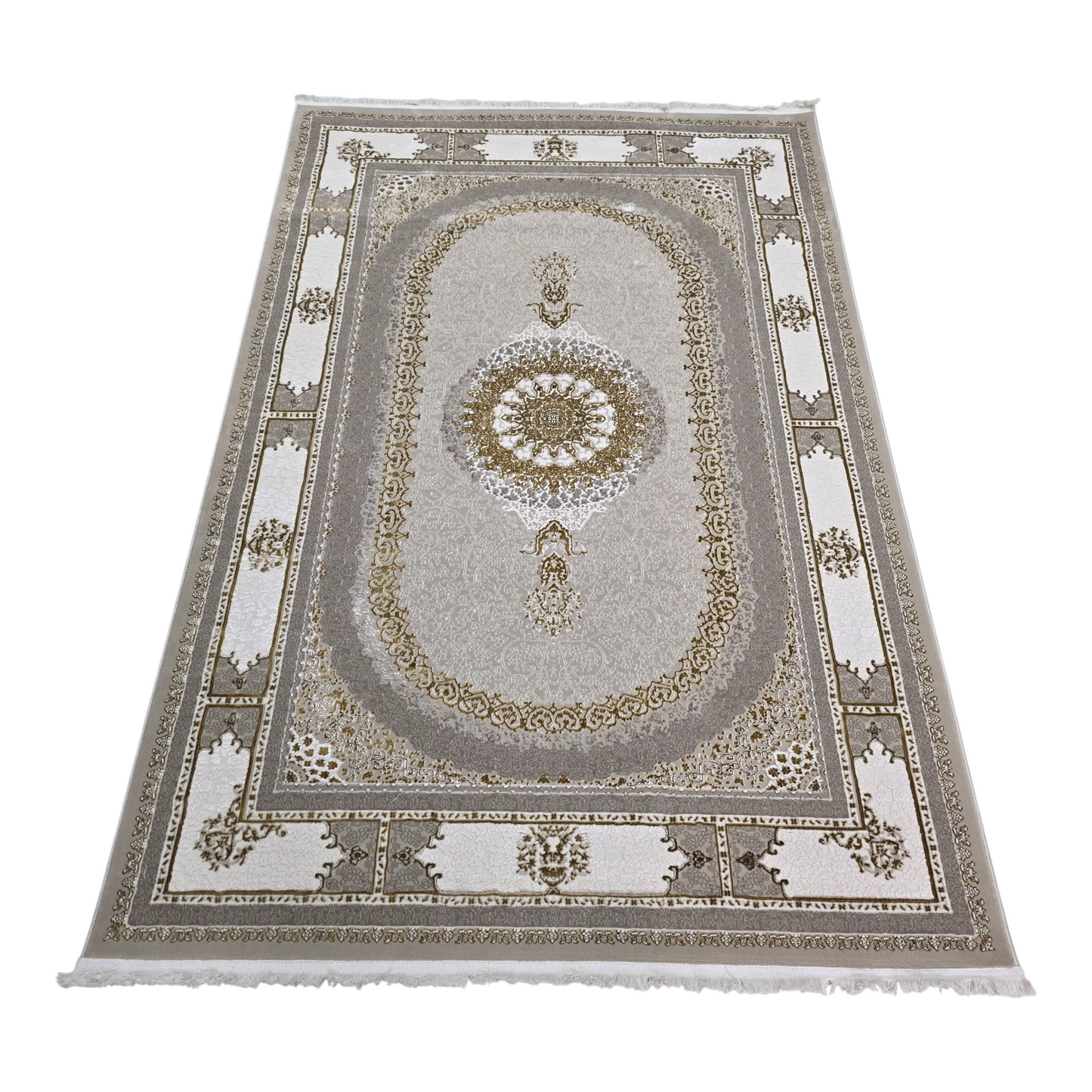 Alfombra NADOR Vizon y Crema con Marco Decorativo y Medallón Central ✨🤎🤍 — Estilo Tradicional Elegante con Profundidad y Contraste