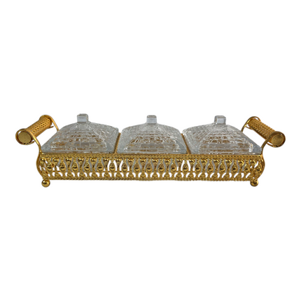 Elegante set de recipientes de cristal con base decorativa en metal dorado 💛