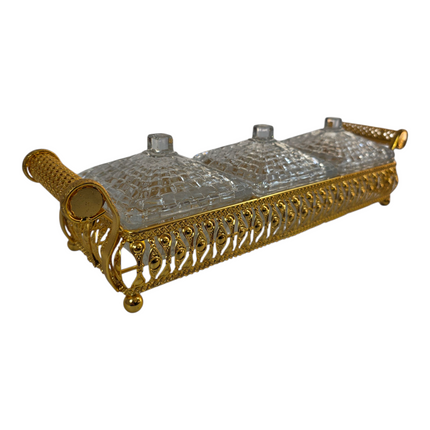 Elegante set de recipientes de cristal con base decorativa en metal dorado 💛