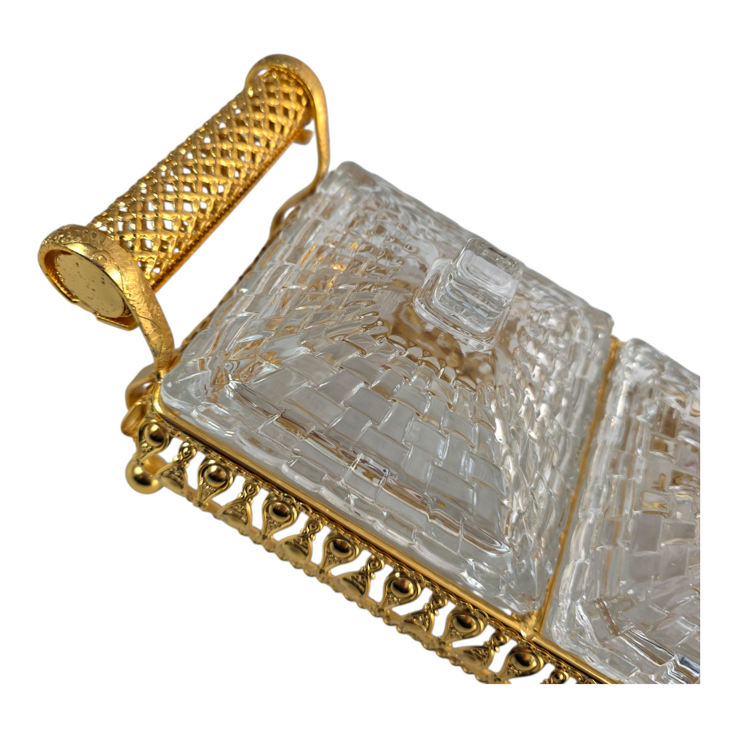 Elegante set de recipientes de cristal con base decorativa en metal dorado 💛