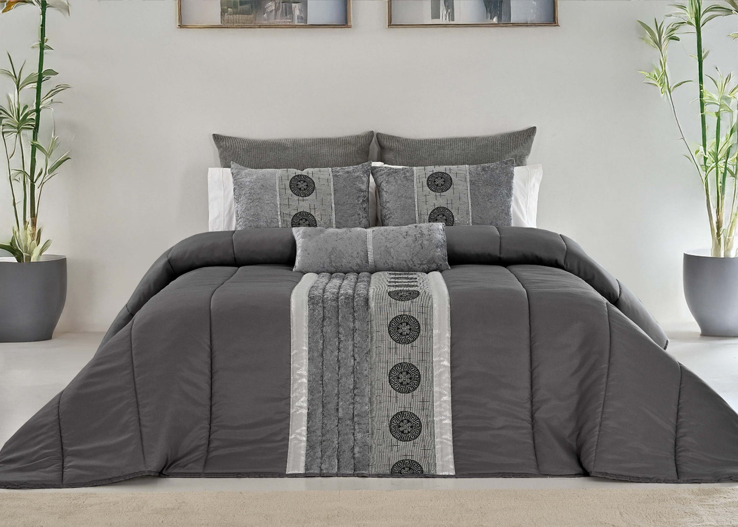 🏯 Colcha TOQUIO Elegante – Conjunto Decorativo con Tres Almohadas, 250 x 260 cm - COLOR GRIS OSCURO