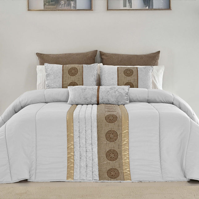 🏯 TOQUIO Colcha Elegante – Conjunto Decorativo com Três Almofadas, 250 x 260 cm - COR BRANCO/DOURADO