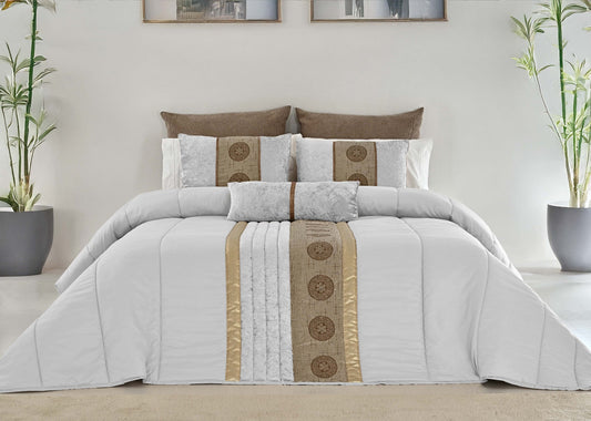 🏯 Colcha TOQUIO Elegante – Conjunto Decorativo con Tres Almohadas, 250 x 260 cm - COLOR BLANCO/DORADO