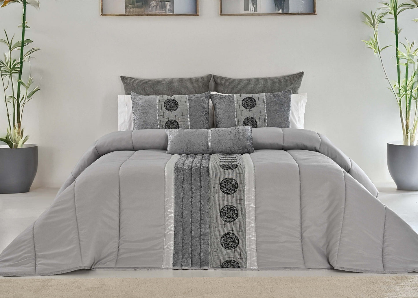 🏯 Colcha TOQUIO Elegante – Conjunto Decorativo con Tres Almohadas, 250 x 260 cm - COLOR GRIS CLARO