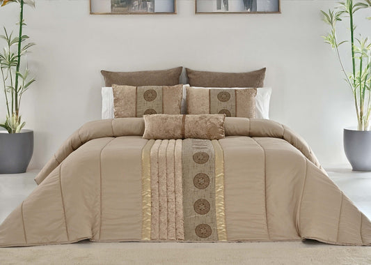 🏯 Colcha TOQUIO Elegante – Conjunto Decorativo con Tres Almohadas, 250 x 260 cm - COLOR BEIG