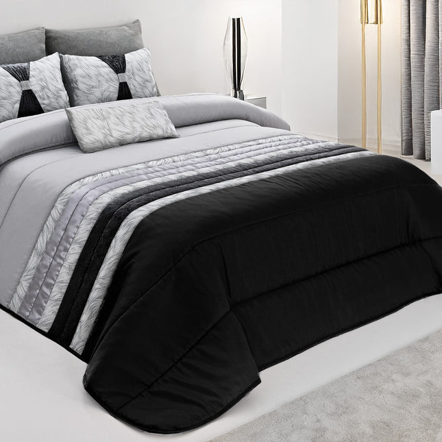 Colcha Tropical Elegante – Conjunto Decorativo com Três Almofadas, 250 x 260 cm - PRETO/CINZA