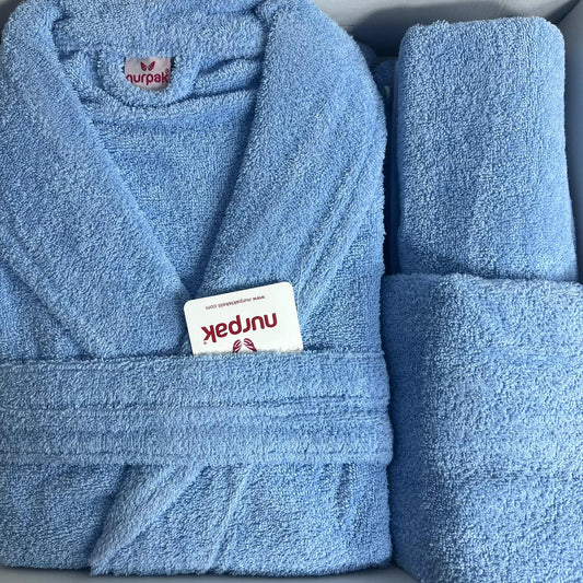 Set Albornoz 4 Piezas Azul – Albornoz, Toalla y Manopla