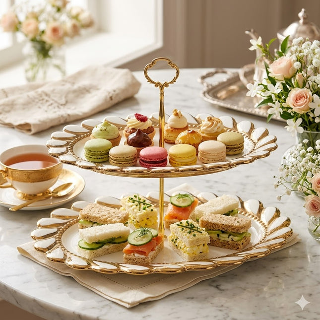 🍰 Suporte para Bolo de Porcelana de Dois Andares com Borda Dourada — Elegância e Estilo para a Sua Mesa ✨