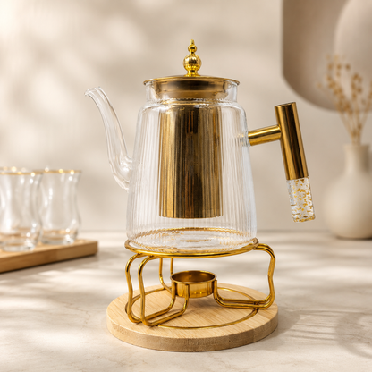 Tetera de Cristal Nayra con Infusor Dorado y Soporte Calientabebidas