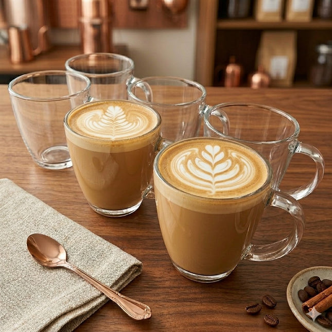 Set de 6 tazas de vidrio con asa — diseño práctico y elegante para tu día a día ☕️✨