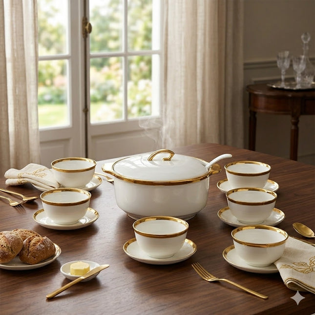 Soup Tureen Set with 6 Bowls and Saucers in White Porcelain with Gold Rim