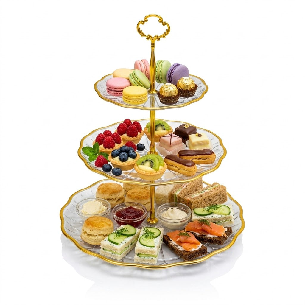 Soporte de Postres 3 Niveles – Plástico con Detalles Dorados