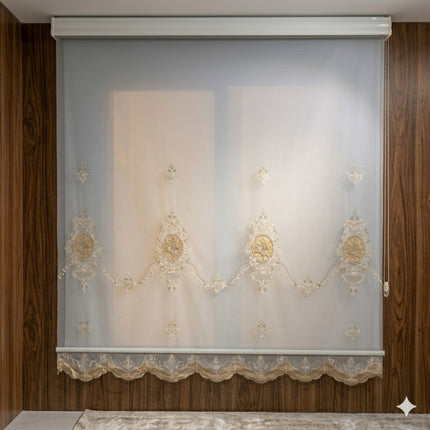 Estor Bordado Elegante de 2 Metros – Diseño Clásico en Tono Beige y Dorado - FLOR