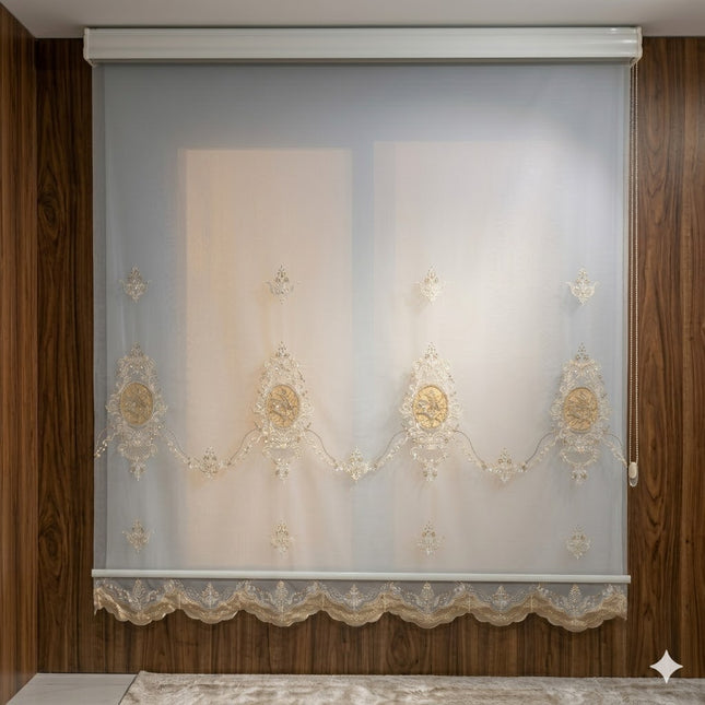 Estor Bordado Elegante de 2 Metros – Diseño Clásico en Tono Beige y Dorado - FLOR