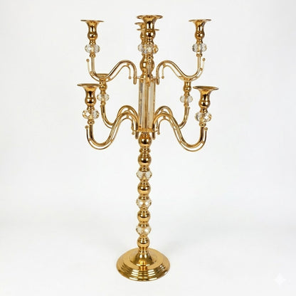 Candelabro de Pie de 5 Brazos en Metal Dorado con Detalles de Cristal